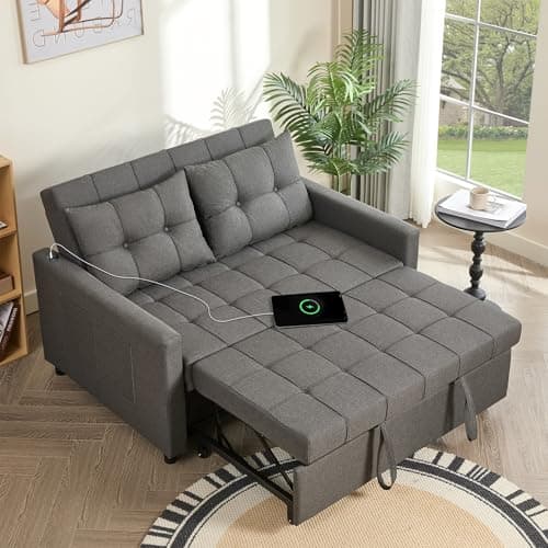 GOSUHI 52" Sleeper Sofa with Pull-Out Bed, 3-in-1 Convertible Sofa Bed, Set of Loveseat with Stepless Adjustable Backrest and Side Pocket, for Living Room Dorm Apartment, Linen, Dark Gray