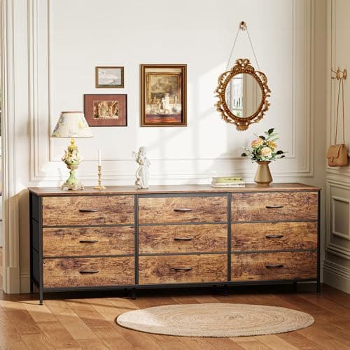 Huuger 63 Inch Dresser for Bedroom, Dresser for Closet with 9 Drawers, Large TV Stand for 55, 65, 70 Inch TV, Entertainment Center with Storage, Wide Long Chest of Drawers, Rustic Brown 8