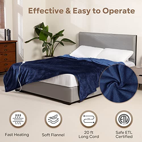Electric Heated Blanket Queen Size 84" x 90" | 6 Heating Levels & 8h Auto Timer | Full Body Fast Heating and Ultra Soft Flannel, Machine Washable Bed Sofa Home Office Use, Blue 5