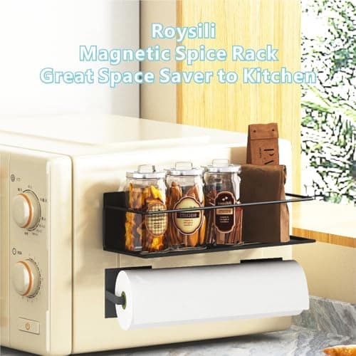 Roysili Magnetic Spice Rack For Refrigerator, Magnetic Fridge Shelf For Kitchen, Magnetic Shelf For Fridge Space Saving Black 4 Pack With Magnetic Paper Towel Holder 7