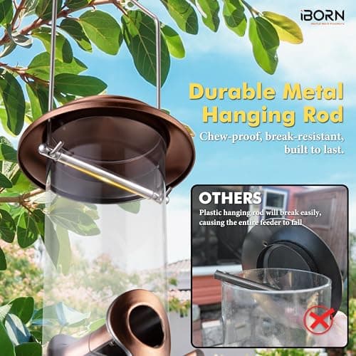 iBorn Metal Bird Feeders Brushed Copper Wild Bird Feeder for Outdoors Hanging All Metal Brushed Copper Finishing 15 Inch 6 Port(Seed is not Included) 5