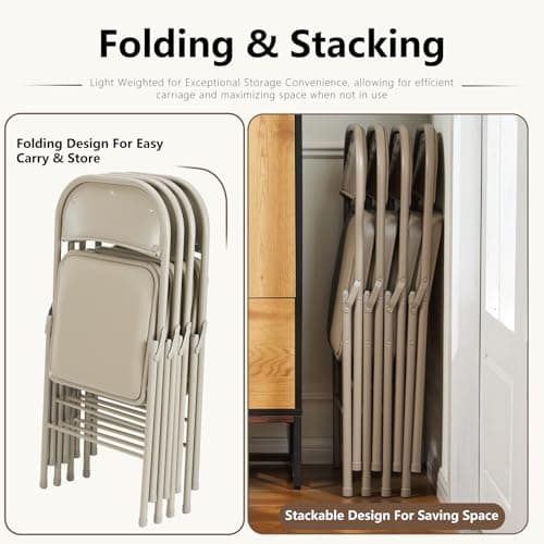 DUMOS 2 Pack Leather Padded Folding Chair, Indoor Outdoor Portable Stackable Commercial Seat with Steel Frame, Capacity for Home, Office, Party, Comfy, Kahki 7