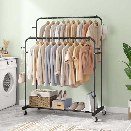 Laiensia Double Rods Garment Rack with Wheels, Clothing Rack for Hanging Clothes,4 Hooks, Multi-functional Bedroom Clothes Rack, Black 5