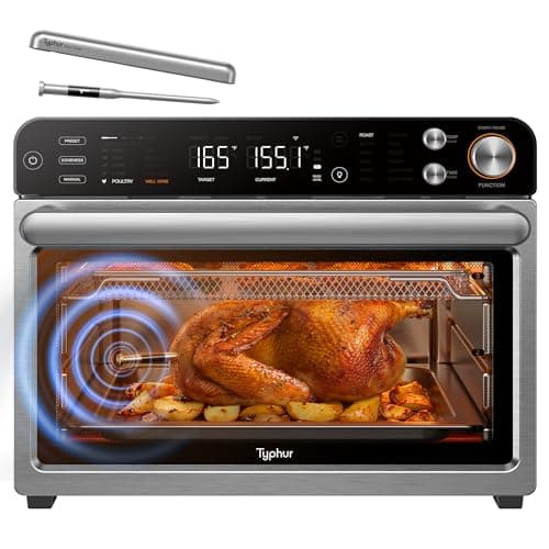 Typhur Sync Oven with Smart AI Wireless Meat Thermometer Probe, 12‑in‑1 Countertop Air Fryer Toaster Oven Combo, 360° Turbo Convection, Dehydrator, Recipe & 5 Accessories, Large 27QT, Stainless Steel