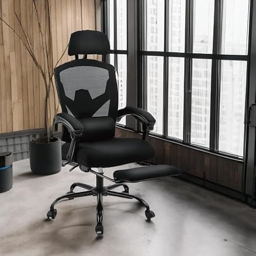 DUMOS Home Office Desk Chair with Footrest, High-Back Mesh Rolling Swivel Reclining Chairs with Wheels, Comfortable Headrest, Lumbar Support, Comfy Arms for Home, Office, Gaming, Student, Black 5