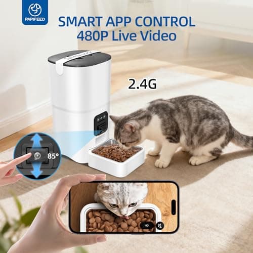PAPIFEED Automatic Cat Feeder 6L 2.4G WiFi Smart Pet Feeder with Camera & Two-Way Audio, Adjustable Angle, Easy to Clean Detachable Feeding Schedule 1-10 Meals Per Day for Cats & Small Dogs - White 2