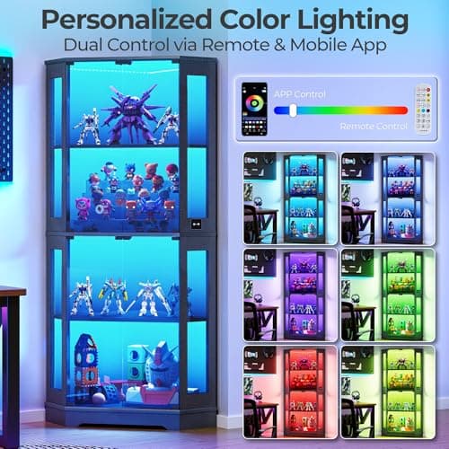IRONCK 71 Inch Carbon Fiber Corner Glass Display Cabinet with Human Body Sensor & 6-Color LED Lights, 4-Tier Tempered Glass Display Case with 2 Adjustable Shelves for Collectibles, Toys, Black 5