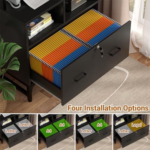 Homieasy File Cabinet with Charging Station, Vertical Filing Cabinet with Lock & Large Drawer, Printer Stand with Storage Shelves, Office Storage Cabinet fits Letter/A4/Legal Size, Black 6