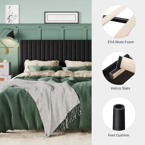 Allewie Queen Bed Frame, Velvet Upholstered Platform Bed with Vertical Channel Tufted Headboard, Mattress Foundation with Strong Wooden Slats, Box Spring Optional, Easy Assembly, Black 5