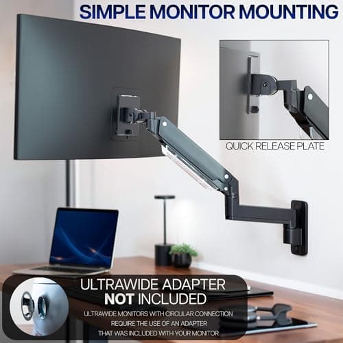 VIVO Premium Aluminum Heavy Duty Monitor Arm for Ultrawide Screens up to 49 inches and 44 lbs, Single Wall Mount, Pneumatic Height, Max VESA 100x100, Black, MOUNT-V101G1 6