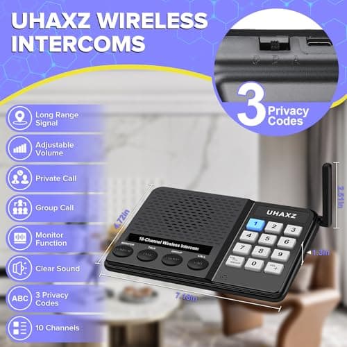 UHAXZ Intercoms Wireless for Home, Long Range Intercom 6000ft, Home Intercom System Wireless with Group Call, 10 Channel, 8 Volume Levels Intercom System for Busines Office Elderly(4 Packs) 6