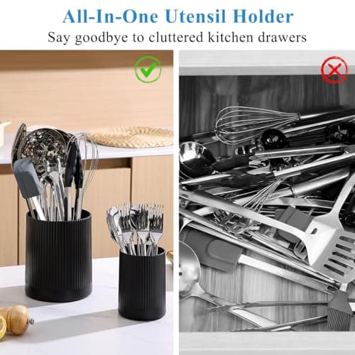 Kyraton Cooking Utensils Holder 2pcs, 360° Rotating Heavy Duty Plastic Kitchen Utensil Holder for Countertop, The Small Utensil Crock for Cutlery Silverware, Tooth Brush, Desk Pencil Pen 7