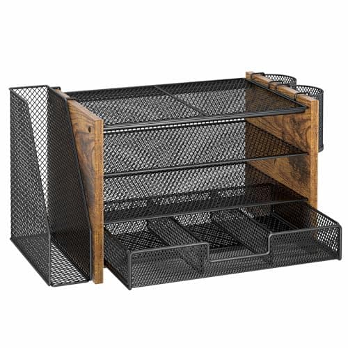 3IngSeagulls Wooden Desk Organizers and Accessories with File Holder, 4-Tier Paper File Organizer with Drawer & 2 Pen Holders, Office Desk Accessories, Desktop Organizer and Storage for Home Office