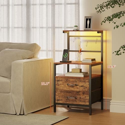 TRIFEBLE Tall Nightstand Set of 2 with Charging Station and LED Lights, Night Stand with Fabric Drawers, Bedside Table 36.4 Inch with Storage Shelves, Side Table, Mesh Shelves with Hooks, Rustic Brown 8