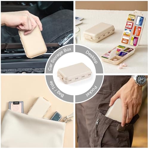 14 Grids Travel Pill Organizer Box with 415-Pcs Medicine Name Labels - Pocket Daily Pharmacy Case Container Kit - Travel Medication Holder Dispenser for Fish Oil Vitamin Supplement Storage - Khaki 6
