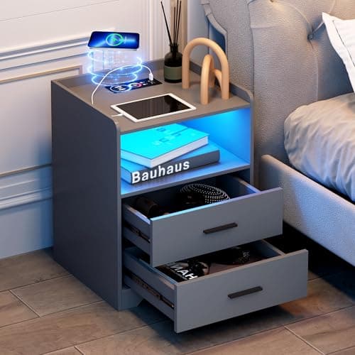 dnbss Grey Night Stand with Wireless Charging Station, Nightstand with 2 Drawers, Smart Bedside Table with 24-Color RGB Lighting, Modern LED Lighted Nightstand for Bedroom 10