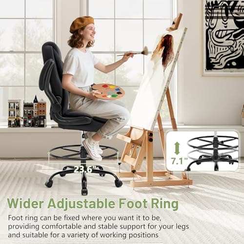 500LBS Drafting Chair, High Back Safer Standing Desk Chair, Executive Tall Office Chair with Flip-up Armrests, Upholstered PU Leather Task Chair, Ergonomic Seat with Adjustable Height&Foot Ring, Black 6