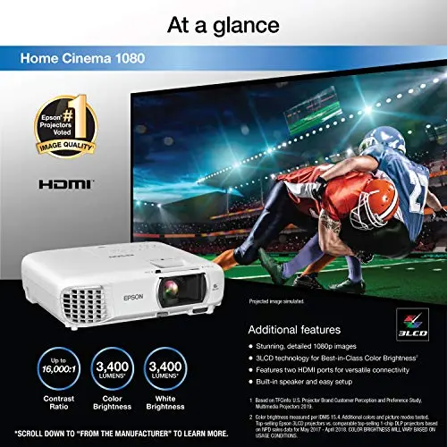 Epson Home Cinema 1080 3-Chip 3LCD 1080p Projector 3400 lumens Color & White Brightness, Streaming/Gaming/ Media Room, Built-in Speaker, Auto Picture Skew, 16,000:1 Contrast, Dual HDMI 6