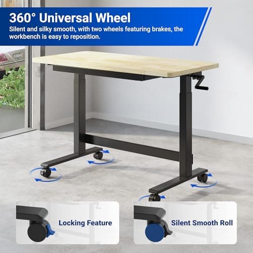 FLEXIMOUNTS 47.2" x 23.6" Adjustable Height Workbench with Hand Crank, Drawers & 360° Wheels – Rubber Wood Top Heavy-Duty Workstation & Steel Frame for Garage, Studio, Kitchen or Workshop 5