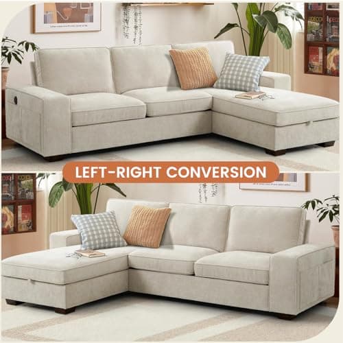 ASHOMELI 99“ Convertible Sectional Sofa,L Shaped Couch for Living Room,Multi-Functional Reversible Sofa with USB and Type-C Charging Ports, Storage Space, Breathable Fabric (Beige) 6