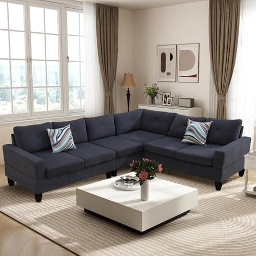 Wakefit 95.5” Reversible Sectional Sofa Couch, L Shaped Upholstered Couch Sofa with Chaise Lounge for Living Room, Breathable Fabric Corner Couch with 6 Seats & 2 Pillows, Dark Grey