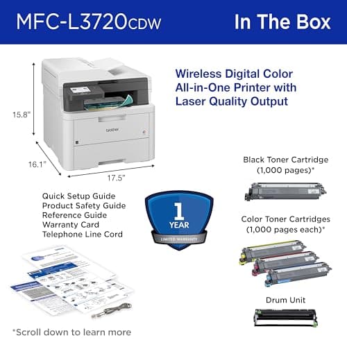 Brother MFC-L3720CDW Wireless Color Laser Printer with Scanner, Copier and Fax | Auto Duplex and 250-Sheet Capacity | Includes Refresh Subscription Trial(1). Amazon Dash Replenishment Ready 7