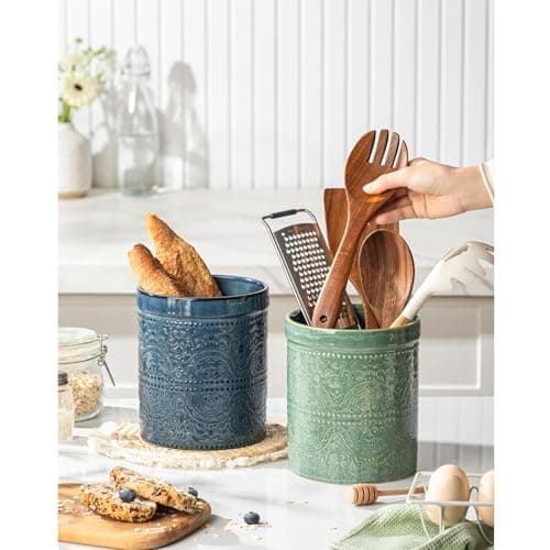 MIKIGEY Kitchen Utensil Holder, 7 Inches Large Ceramic Utensil Holder for Countertop, Lace Emboss Cooking Utensil Crocks for Kitchen, Home Decor, Reactive Blue 7