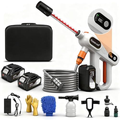 VESON-LON Cordless Portable Pressure Washer Kit, 300W Brushless Motor, 3 Power Level with 2 18V Batteries & 5-in-1 Nozzle & Pressure-Increasing Spiral Nozzle, for Car Wash, Floor, Yard (White)