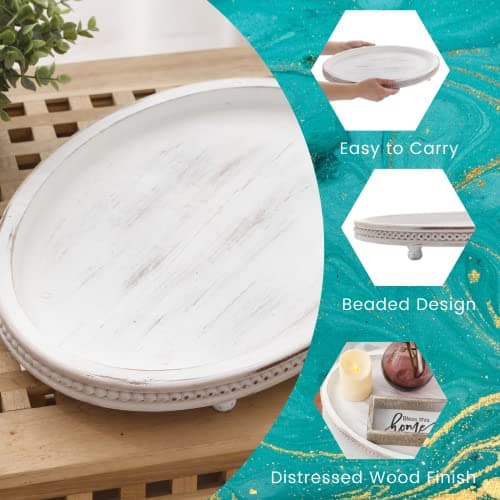 FESTWIND Wooden Tray,Oval Decorative Tray for Coffee Table Kitchen Dinning Table Entryway, Small Beaded Tray for Holidays, Farmhouse Centerpiece Decor Weathered White 6