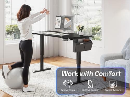 EnHomee Electric Standing Desk with LED Lights,48 x 24 Inch Height Office Desk with 3 Memory Preset, Adjustable Computer Desk with Storage Side Pocket and Cable Management,Black 7