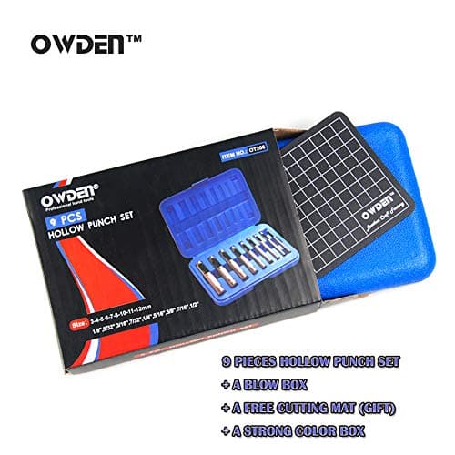OWDEN 9 Pieces Hollow Punch Set (1/8"-1/2") with A Free Cutting MAT, Leather Hole Punch Set 7