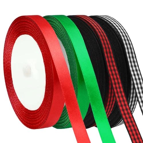 DECYOOL 4 Rolls 100 Yards Christmas Satin Ribbons 10mm Wide Holiday Craft Ribbons for Gift Wrapping and Xmas Decoration, Red & Green & Red Black Plaid & Black White Plaid