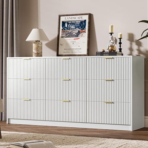MAISONARIA White 9 Drawer Dresser for Bedroom, 63" Wide Modern Fluted Dresser with Gold Metal Handles, Chest of Drawers for Bedroom, Living Room, Entryway, Hallway