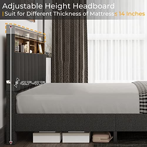 Tiptiper Queen Bed Frame with Storage Headboard & Charging Station, Clearance Upholstered Bed Frame Queen Size with 12 Wood Slats, No Box Spring Needed, Dark Grey 6