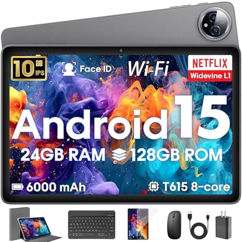 Hasskya Android 15 Tablet 10 inch,24GB RAM 128 ROM,Tablets with Keyboard Case Mouse Stylus,1TB Expandable,Octa-Core 6000mAh 1280x800 IPS HD,WiFi,T615 CPU,High Performance,Processor,Dual Camera(Gray)