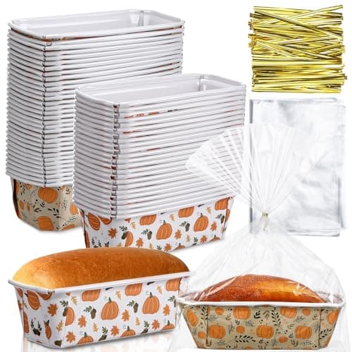 Hushee 50 Sets Fall Paper Loaf Pan 6.3 x 2.2 x 2.2 Inch Disposable Cake Pan Liners with Clear Plastic Bags and Ties Rectangle Paper Baking Mold for Thanksgiving Autumn Bread Cake Bakery(Novel)