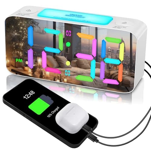 RGB Digital Mirror Alarm Clock, 15 Dynamic Color & 7" Large Screen, 7-Color Night Light, 2 USB Charger, 2 Loud Alarm,4 Dimmable Level,Battery Backup,Plug-in Bedroom Clock for Heavy Sleeper Kid Elderly