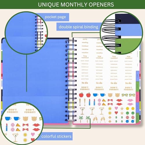 Kate Spade New York Daily Planner 2024-2025, Large August 2024 - December 2025, Hardcover Spiral Planner, Weekly with Monthly Calendar, Stickers, & Pockets, Sunny Day Stripe 7