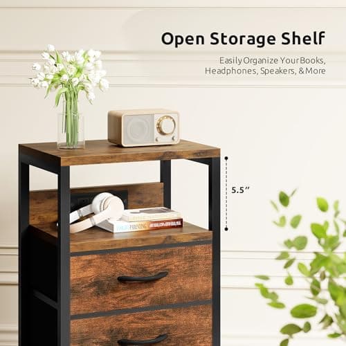 Lazzanto NightStand Bedside Charging Table Bedroom - Brown Night Stand with Charger Station, Modern Bed Side End Table with Open Shelf & 2 Fabric Drawers, USB-C Port for Dorm, Living Room 7