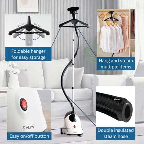 SALAV GS18 Full-Size Clothes Steamer - 1500W Power, 1.8L Water Tank, 60-Min Garment Steam, Iron Clothing, Adjustable Pole & Wheels for Easy Storage, Professional Standing Steamer for Clothes, White 5