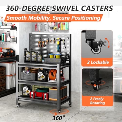 Workbench with Pegboard, Adjustable Shelving Work Table, Mobile Workstation with Lockable Wheels for Garage Warehouse Workshop Office, 47.2" H x 33.5" W x 18" D, Black 6