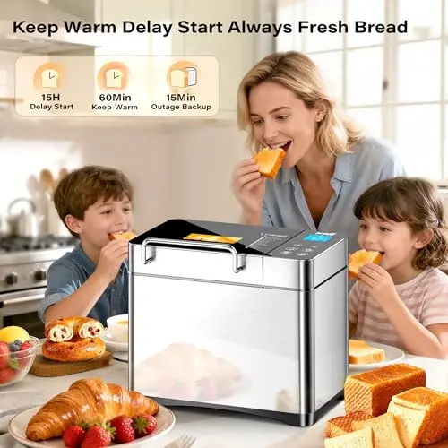 KBS Pro 710W 2LB Bread Maker, Stainless Steel 17-in-1 Smart Bread Machine with Healthy Ceramic Pan, Automatic Nut Dispenser, Tempered Glass Touch Panel, 3 Crust Colors, 15H Timer& Keep-Warm, Recipes 5