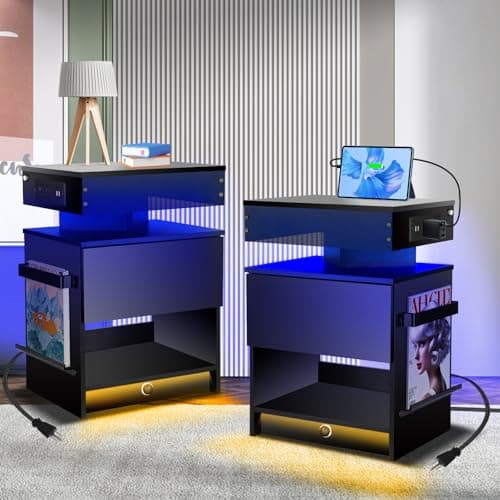 LAINELAND Nightstand with Induction Light & Side Charging Station, Modern Bedside Table with Drawer & Acrylic Bookshelf, Set of 2 Black End Tables for Bedroom - Final Stock