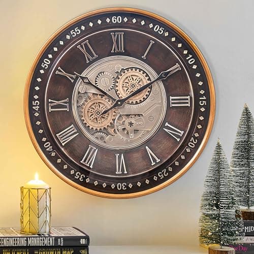 CLXEAST 24 Inch Wall Clock with Moving Gears,Oversized Large Industrial Steampunk Clock, Antique Gold Metal Roman Numeral Wall Clocks for Farmhouse Living Room Decor,Valentines Day Gifts