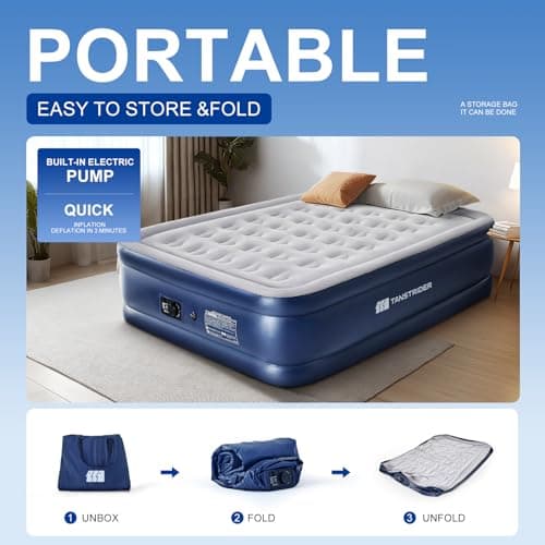 TANSTRIDER Air Mattress Full with Built in Pump,18'' Raised Inflatable Blow Up Air Bed, 3 Mins Quick Self-Inflation/Deflation Inflatable Bed for Guests & Home, Outdoor Camping and Travel, 600lbs Max 6