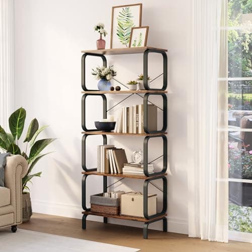Bookshelf, 5 Tier Bookshelves, Home Office Bookcase Shelf Storage Organizer, Free Standing Storage Shelving Unit for Bedroom/Living Room/Home Office/Kitchen, Rustic Brown