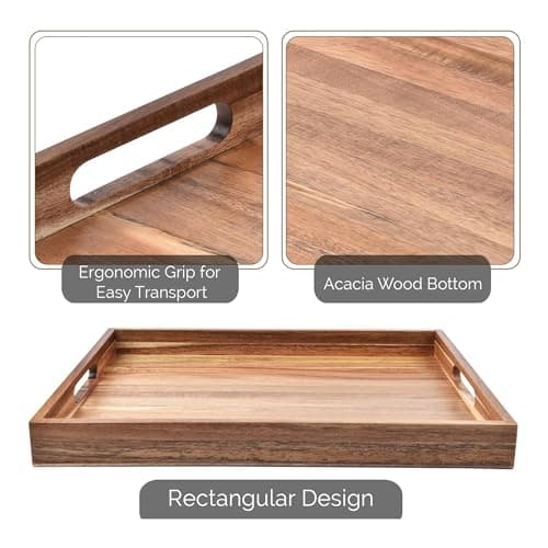 Acacia Wood Serving Tray with Handles Set of 2 – Decorative Serving Trays Platter for Breakfast in Bed, Lunch, Dinner, Patio, Ottoman, Coffee Table, BBQ, Party –Great for Lap &Couch 6