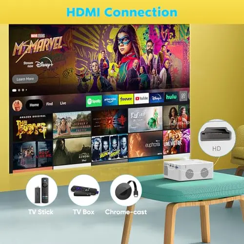 PURSHE Mini Bluetooth Projector, Full HD 1080P Supported Portable Outdoor Movie Projector for iOS, Android, Windows, Compatible with TV Stick/HDMI/Smartphone/PS4/USB [Remote Included] 7