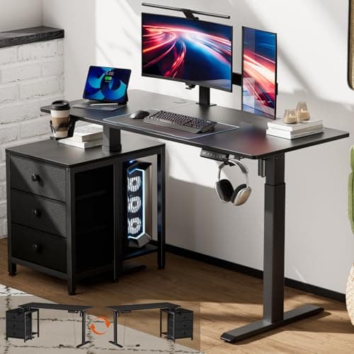 REAHOME Electric Standing Desk with Drawers, 47 x 24 Inches Height Adjustable Sit Stand Desk with Storage, 3 Memory Preset Home Office Computer Desk, Printer Cabinet, 2 Hooks, Cable Management, Black
