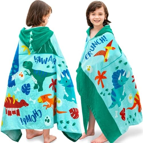 Joiedomi Dinosaur Hooded Towels for Kids Soft 100% Cotton Kids Beach Towel 30" x 50" for 3-10 Years Boy Girl Beach Hooded Poncho Absorbent Pool Toddler Swim Bath Wrap